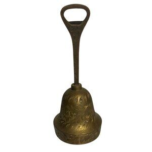 VTG 1990s Solid Brass Bell – Bottle Opener Handle, Engraved Leaf Pattern 7" Tall